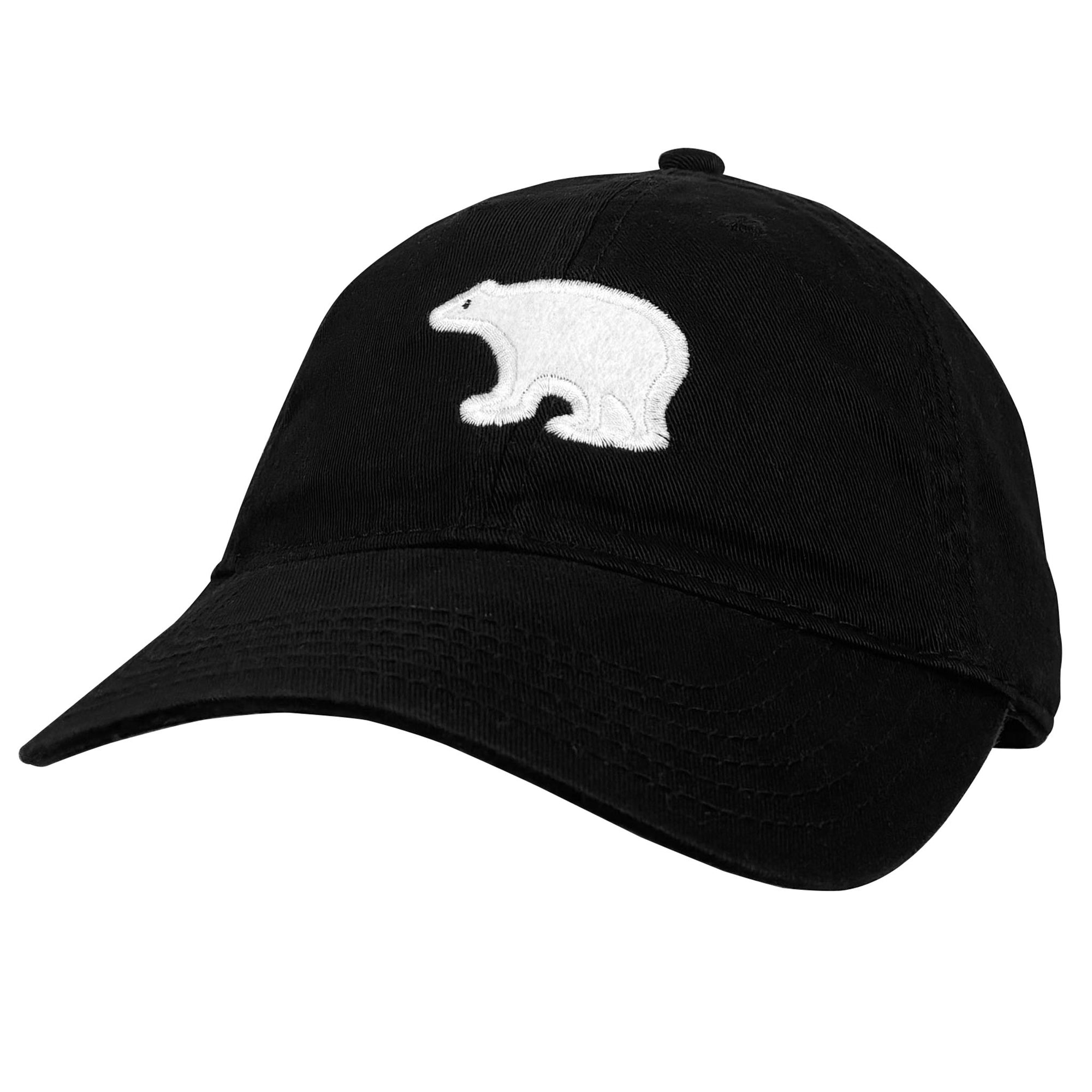 A black baseball cap featuring an embroidered white polar bear on the front, set against a plain white background.