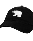A black baseball cap featuring an embroidered white polar bear on the front, set against a plain white background.