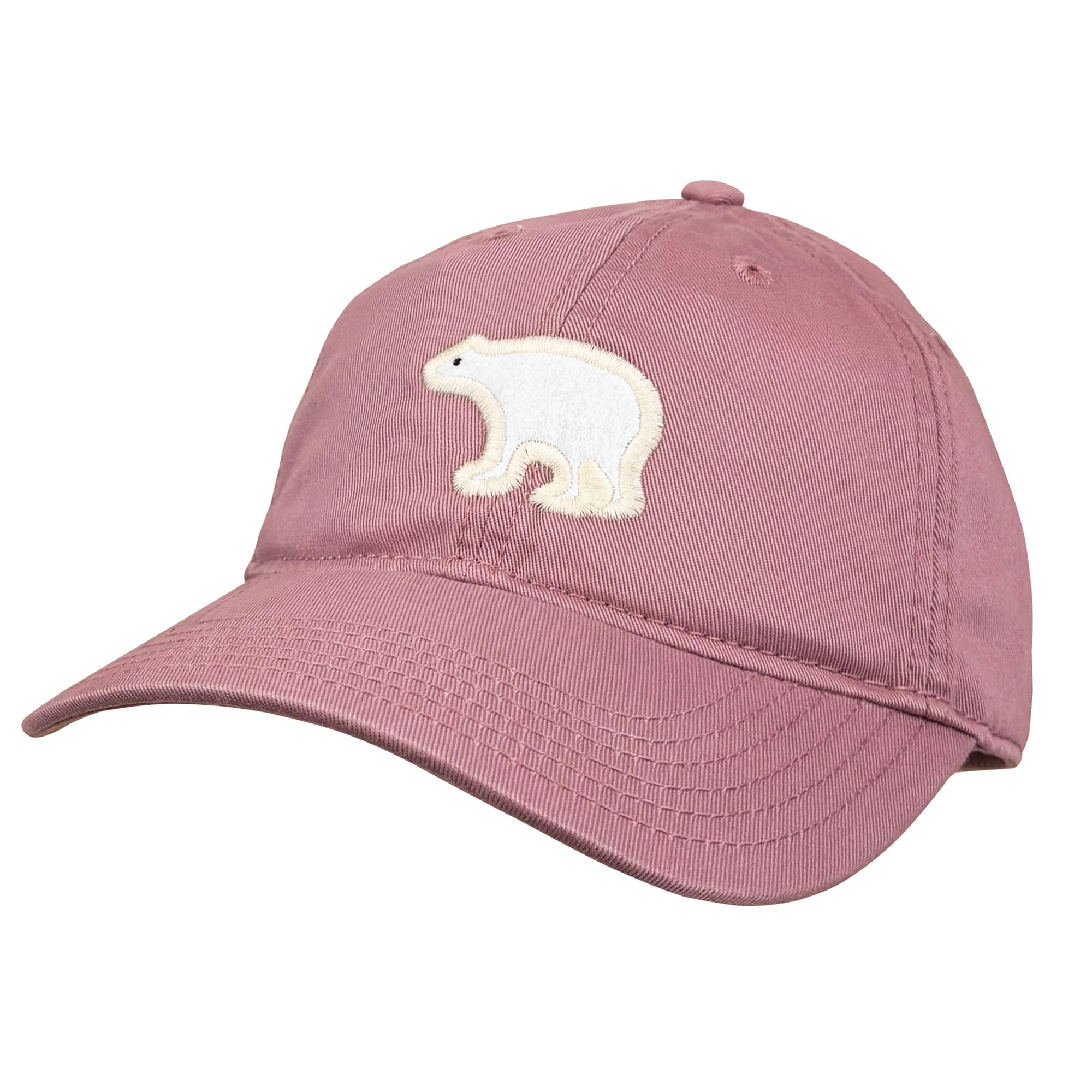 A dusty rose pink baseball cap featuring an embroidered white polar bear patch on the front, set against a plain white background.