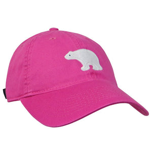 Hot pink baseball hat with white felt polar bear applique.