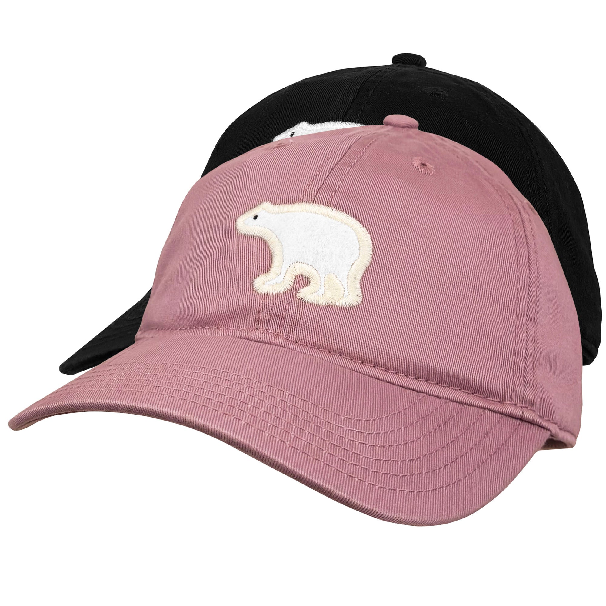 A dusty pink baseball cap featuring an embroidered white polar bear on the front, layered over a black baseball cap, shown against a plain white background.