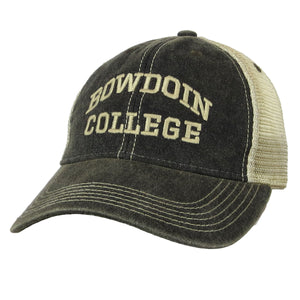 Black twill and vintage gold mesh trucker hat with BOWDOIN COLLEGE embroidery in vintage gold.