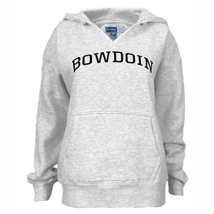 Silver grey heather V-neck relaxed women's hood with arched BOWDOIN chest imprint in black with white stroke outline.