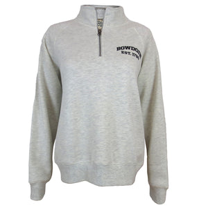 Women's 1/4 zip pullover in oatmeal heather with black imprint on left chest of BOWDOIN arched over EST 1794