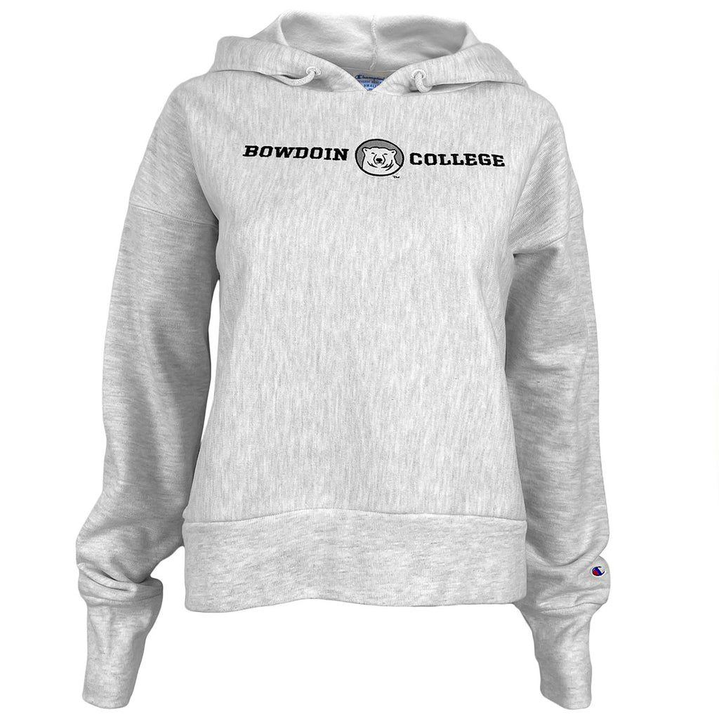 Silver grey oxford heather hooded cropped sweatshirt with embroidered Bowdoin College in black thread, and white, black, and grey mascot medallion embroidered between the two words.