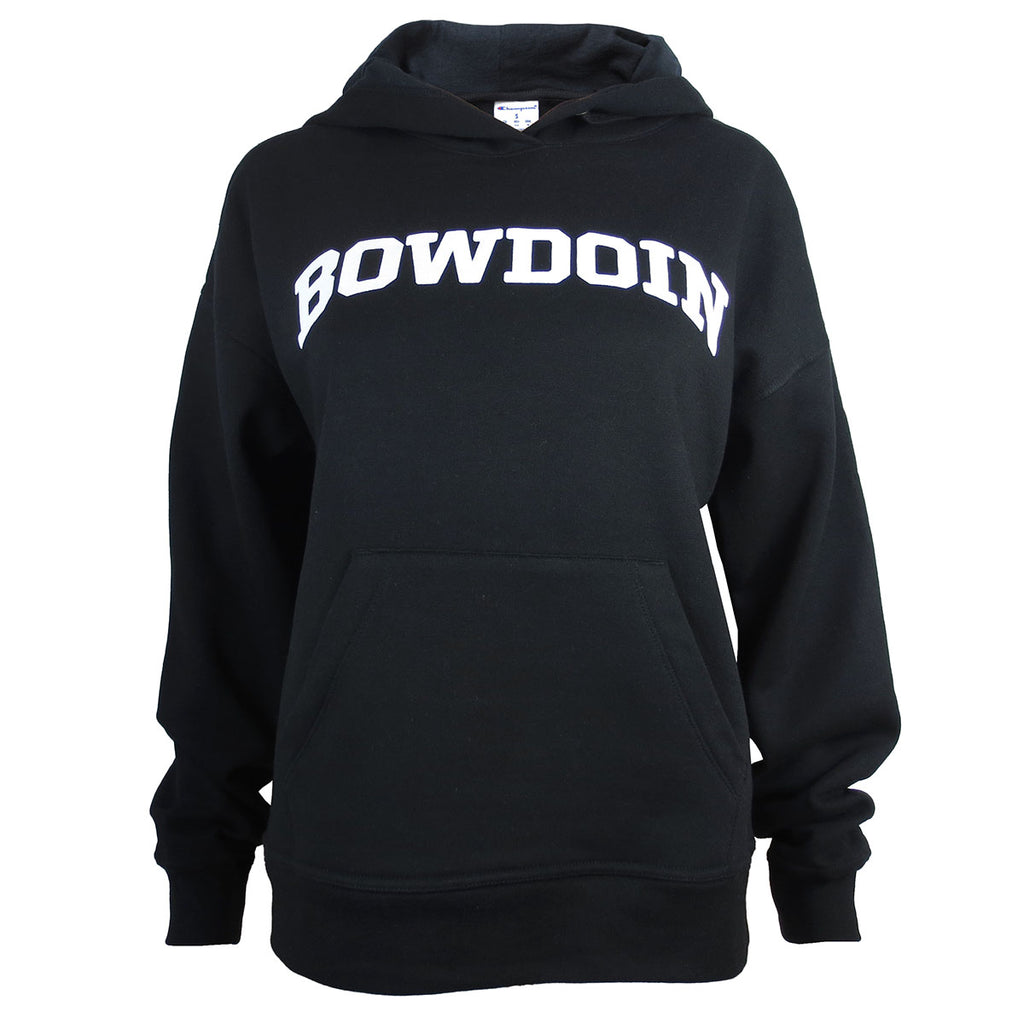 Women's black pullover hood with front pouch pocket, white arched BOWDOIN chest imprint.