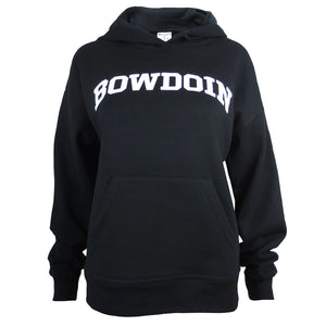 Women's black pullover hood with front pouch pocket, white arched BOWDOIN chest imprint.