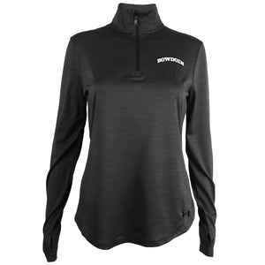 Dark grey 1/4-zip performance pullover with thumb loops and white arched BOWDOIN imprint on left chest.