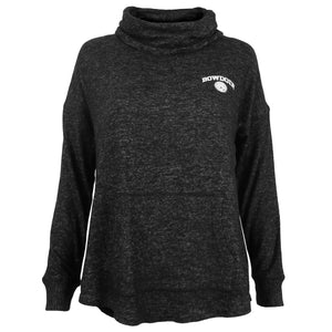 Women's heather black pullover cowl-neck sweater with white imprint of BOWDOIN arched over a mascot medallion on left chest.