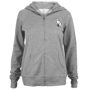 Heather grey women's full zip hooded sweatshirt with embroidered polar bear mascot over BOWDOIN on left chest in black and white.
