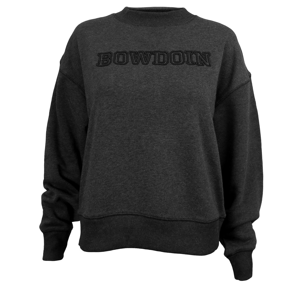 Women&#39;s heather black crewneck sweatshirt with raised outline embroidery of BOWDOIN in the same color.