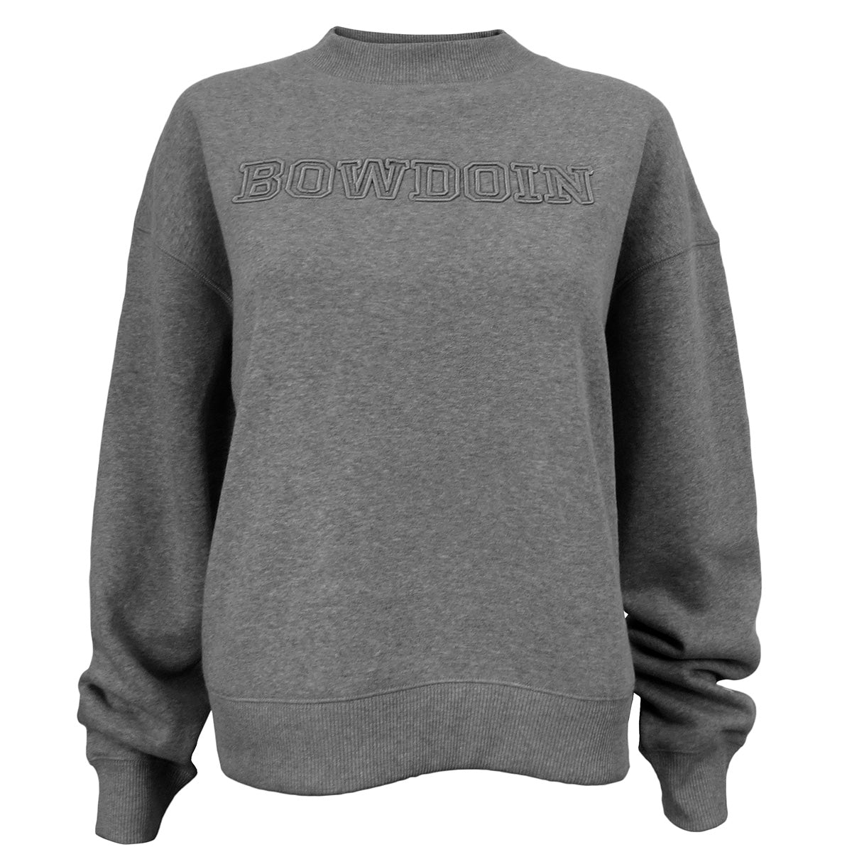 Women&#39;s heather grey crewneck sweatshirt with raised outline embroidery of BOWDOIN in the same color.