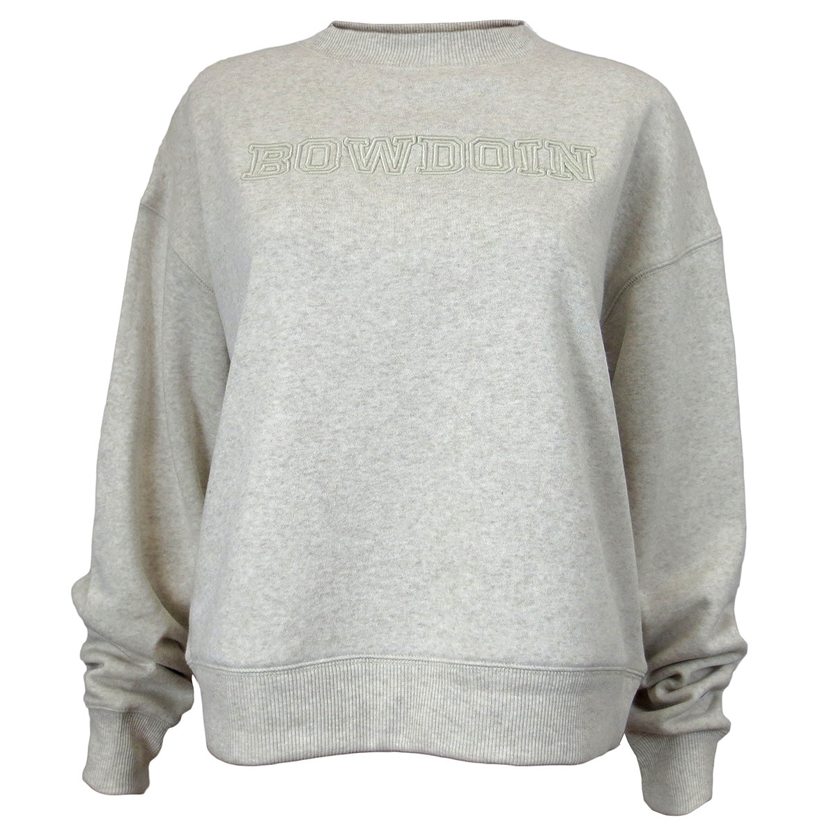 Women&#39;s heather pebblestone oat color crewneck sweatshirt with raised outline embroidery of BOWDOIN in the same color.