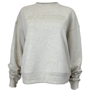 Women's heather pebblestone oat color crewneck sweatshirt with raised outline embroidery of BOWDOIN in the same color.