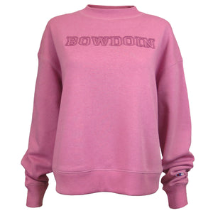 Women's heather mauve pink crewneck sweatshirt with raised outline embroidery of BOWDOIN in the same color.