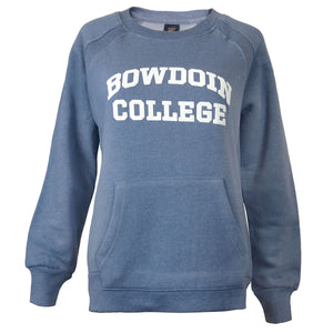 Women's long sleeved crewneck sweatshirt with front pouch pocket and white BOWDOIN arched over COLLEGE chest imprint in stonewash blue.