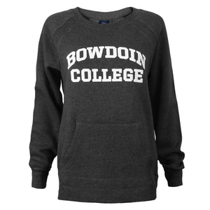 Women's long sleeved crewneck sweatshirt with front pouch pocket and white BOWDOIN arched over COLLEGE chest imprint in charcoal heather.