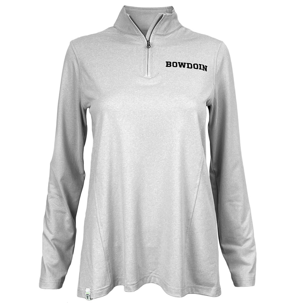 Women's light grey heather 1/4-zip pullover shirt with BOWDOIN imprint in black on left chest.