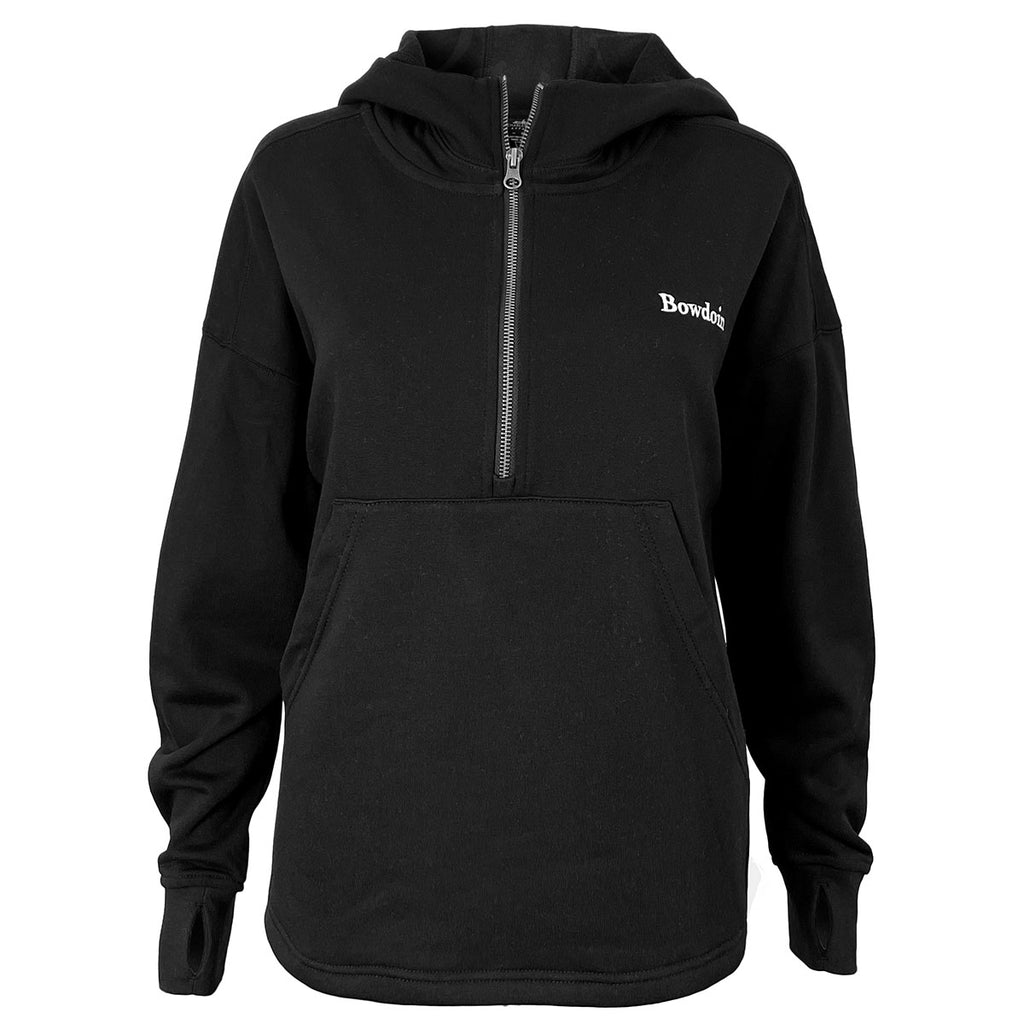 Women's black half-zip pullover hood with front pouch pocket and white BOWDOIN embroidery on left chest.