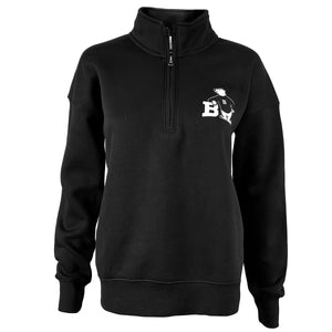 Black 1/4-zip pullover sweatshirt with left chest imprint of a cartoon polar bear wearing a black sweater with a B on the chest leaning on a large black letter B.