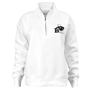 White 1/4-zip pullover sweatshirt with left chest imprint of a cartoon polar bear wearing a black sweater with a B on the chest leaning on a large black letter B.