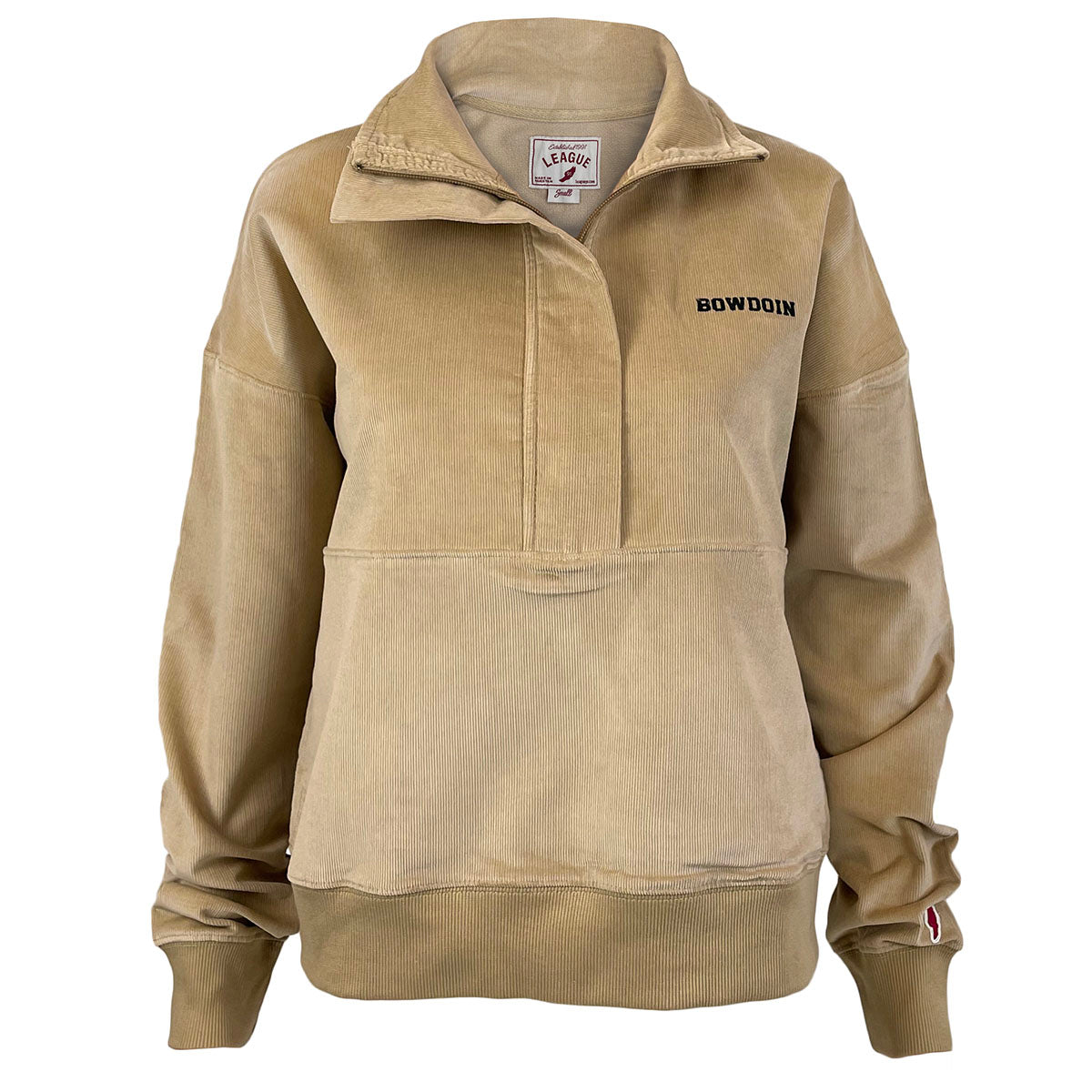 Women&#39;s long-sleeved hip-length khaki corduroy ½-zip pullover with black BOWDOIN embroidery on left chest.