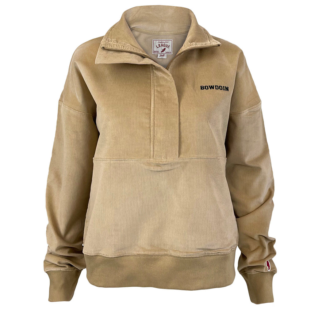 Women's long-sleeved hip-length khaki corduroy ½-zip pullover with black BOWDOIN embroidery on left chest.