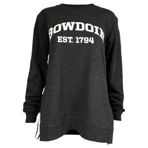 Charcoal heather tunic-length sweatshirt with white imprint of BOWDOIN arched over EST 1794 in athletic logotype