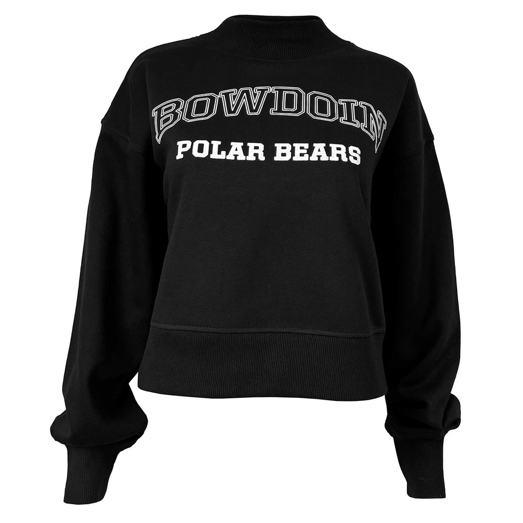 Black balloon sleeved mock-neck waist-length crew with white imprint of BOWDOIN in a double outline arched over POLAR BEARS in block print.