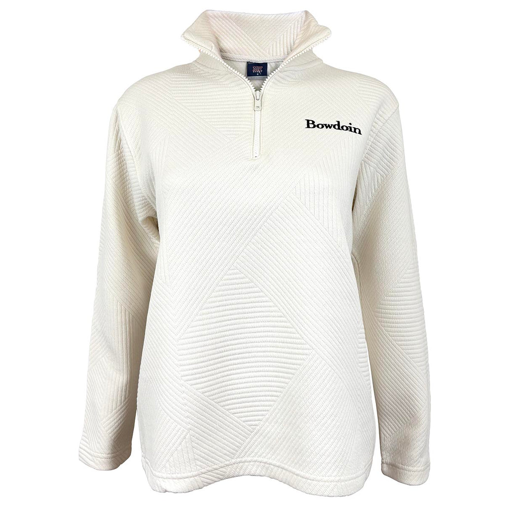 Cream white 1/4-zip textured fleece pullover with black Bowdoin wordmark embroidered on left chest.