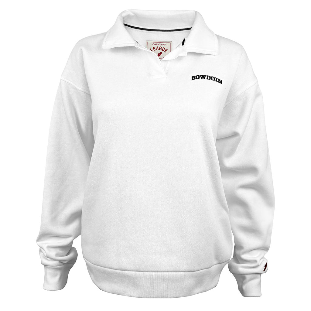 White pullover sweatshirt with polo collar. Black stripe trim inside collar. Black arched BOWDOIN embroidered on left chest.