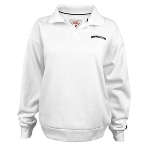 White pullover sweatshirt with polo collar. Black stripe trim inside collar. Black arched BOWDOIN embroidered on left chest.