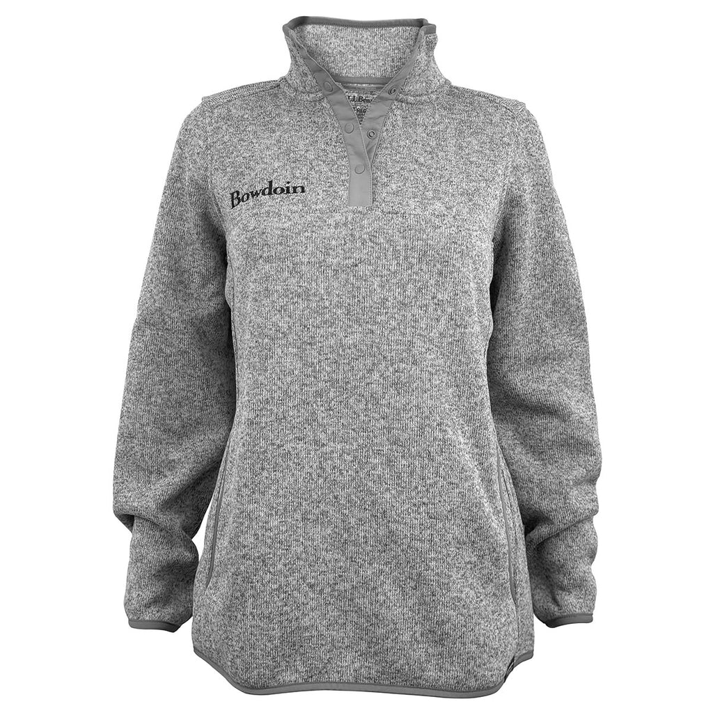 Women's heather grey sweater fleece pullover with grey trim and snap collar. Black BOWDOIN wordmark embroidery on right chest.