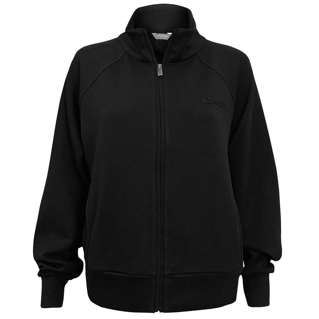 Black relaxed fit women's zip-up top with black BOWDOIN logotype embroidery on left chest.