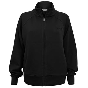 Black relaxed fit women's zip-up top with black BOWDOIN logotype embroidery on left chest.