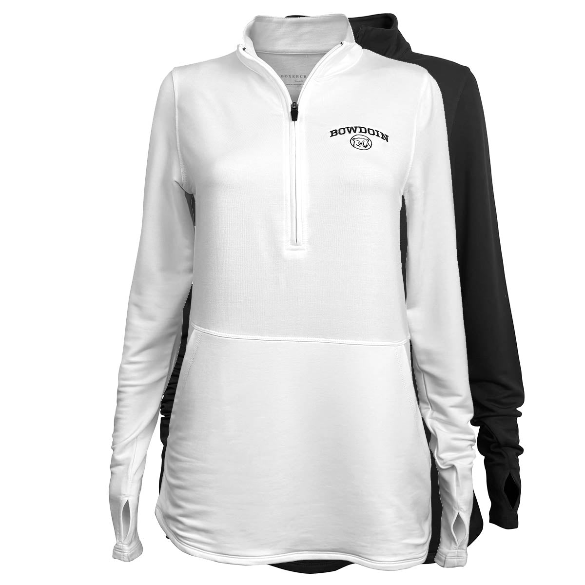 Women's black and white soft-fitting 1/4 zip pullovers.