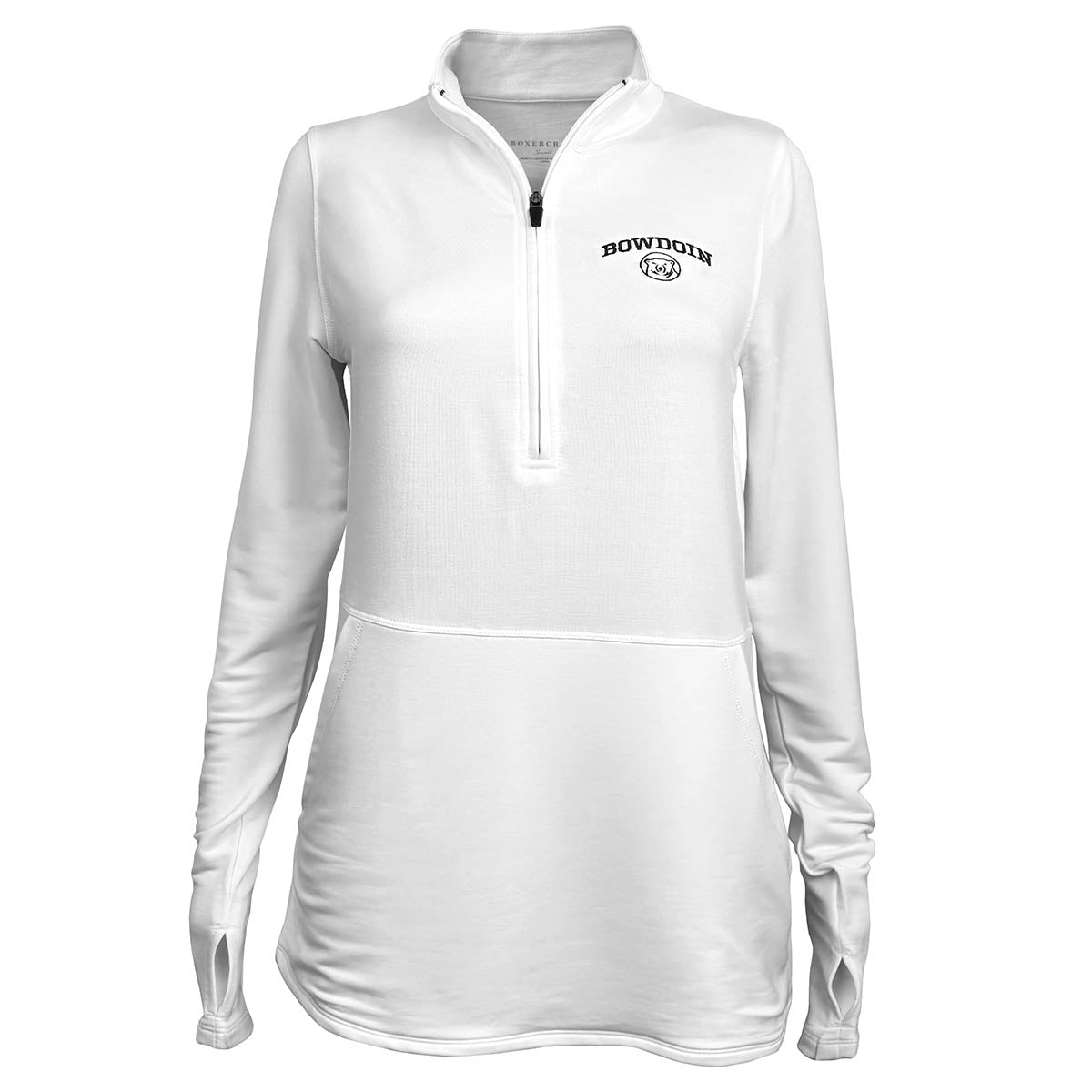 Women's white soft-fitting 1/4 zip pullover with black embroidered BOWDOIN arched over polar bear medallion on left chest.