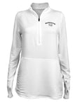 Women's white soft-fitting 1/4 zip pullover with black embroidered BOWDOIN arched over polar bear medallion on left chest.