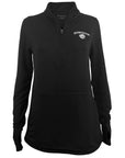 Women's black soft-fitting 1/4 zip pullover with white embroidered BOWDOIN arched over polar bear medallion on left chest.