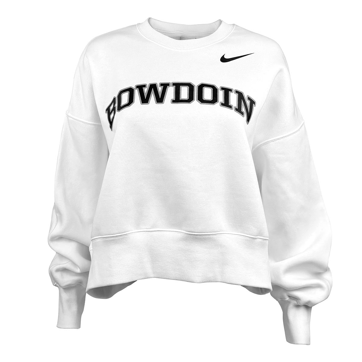 White sweatshirt with 'Bowdoin' text and Nike logo on a white background