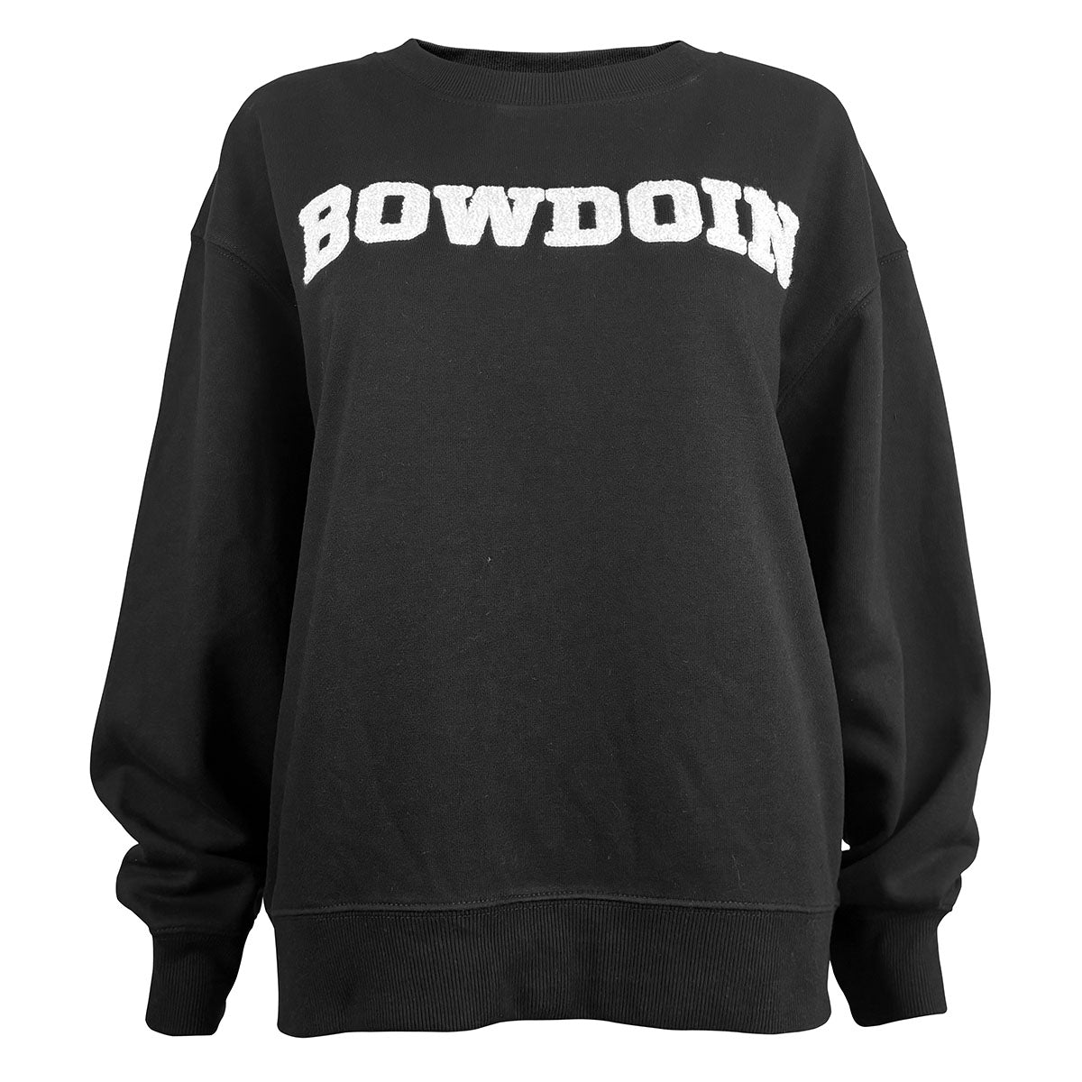 Black sweatshirt with 'BOWDOIN' chenille letters on a white background