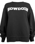 Black sweatshirt with 'BOWDOIN' chenille letters on a white background