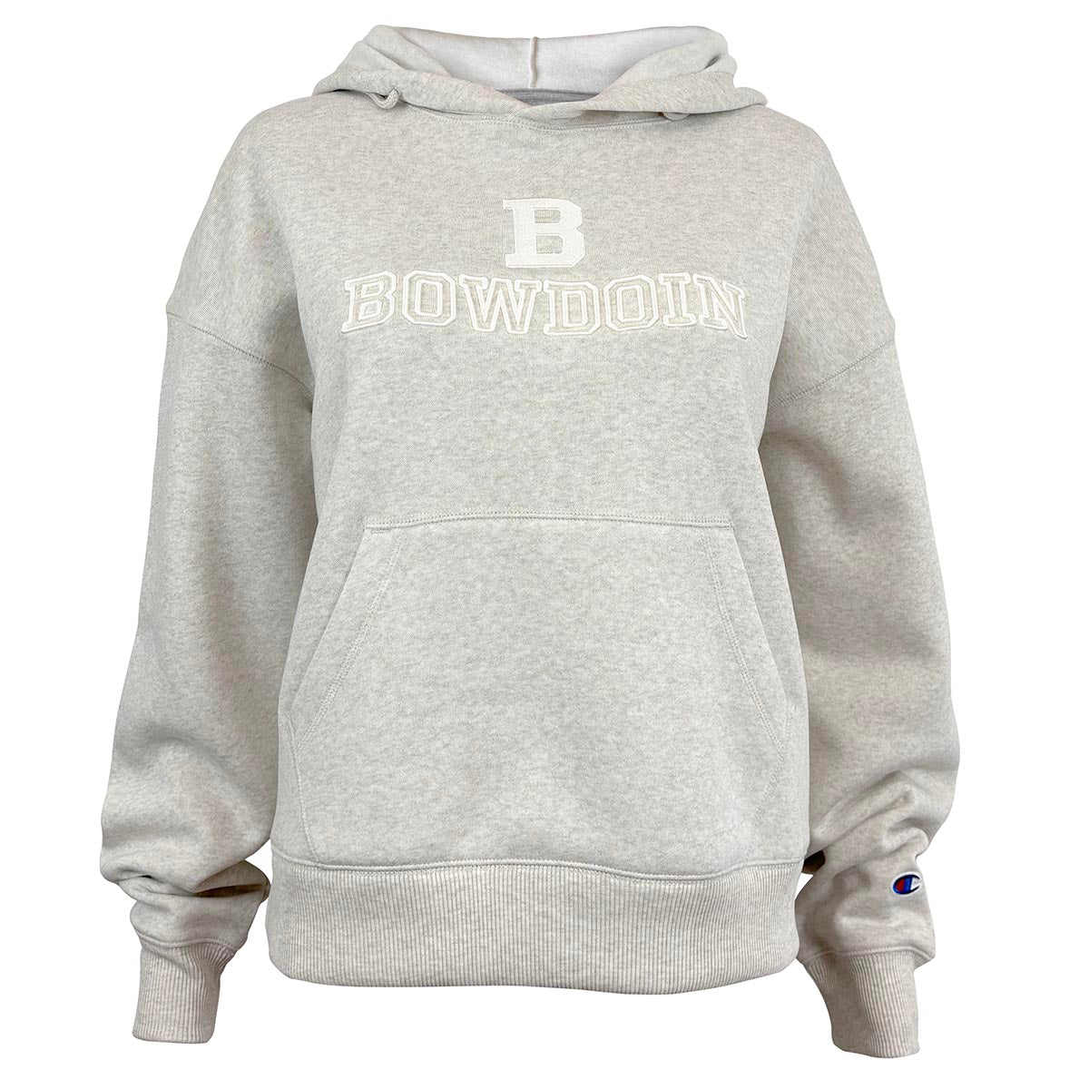 Oatmeal heather hoodie with 'B' and 'Bowdoin' text on a white background