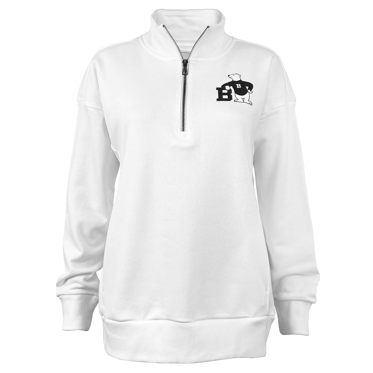 White 1/4-zip sweatshirt with a cartoon polar bear logo on the chest against a white background
