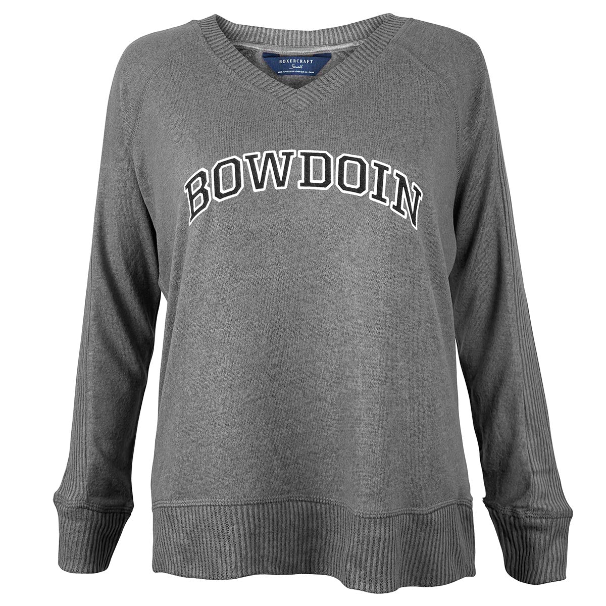 Gray sweater with 'Bowdoin' text on a white background