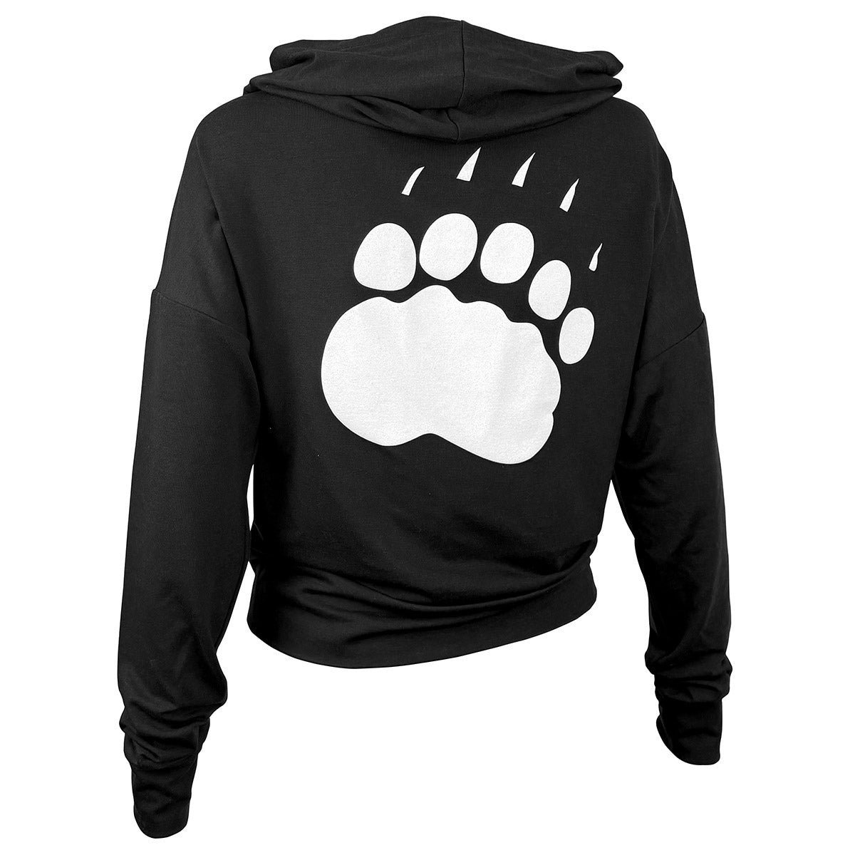 Black hoodie with a white bear paw print on the back against a white background