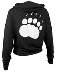 Black hoodie with a white bear paw print on the back against a white background