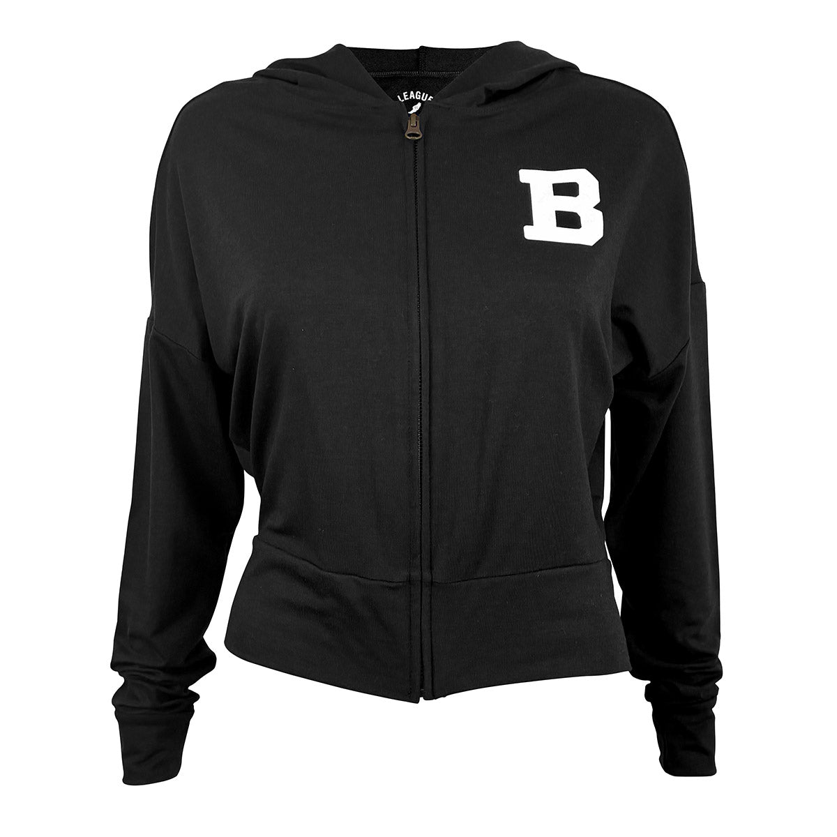 Black hoodie with a white 'B' logo on a white background