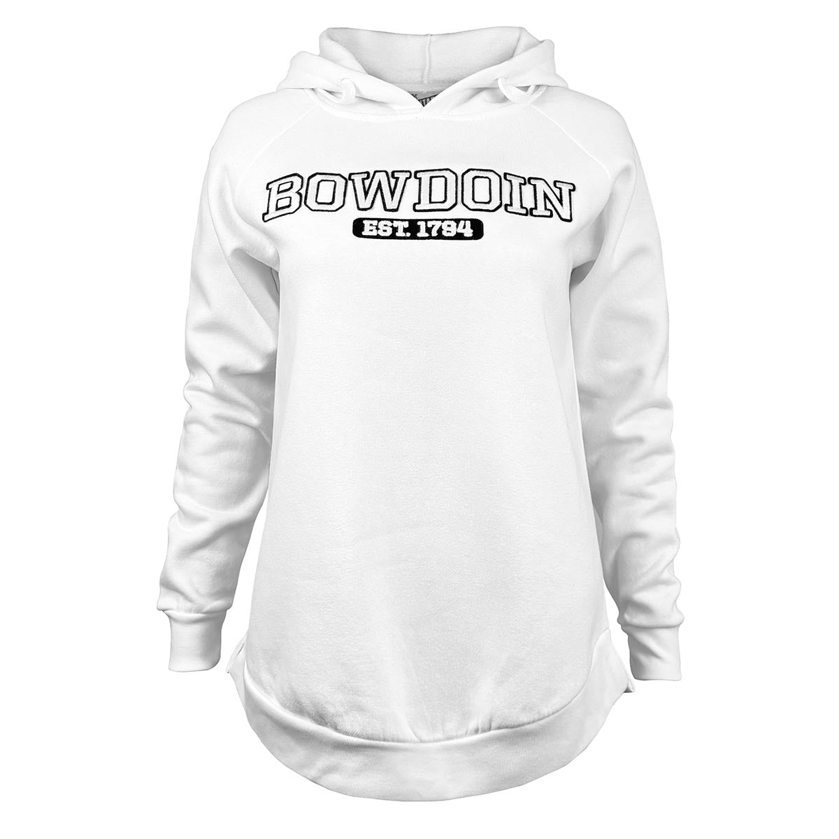 White hoodie with 'Bowdoin EST 1794' text on a white background