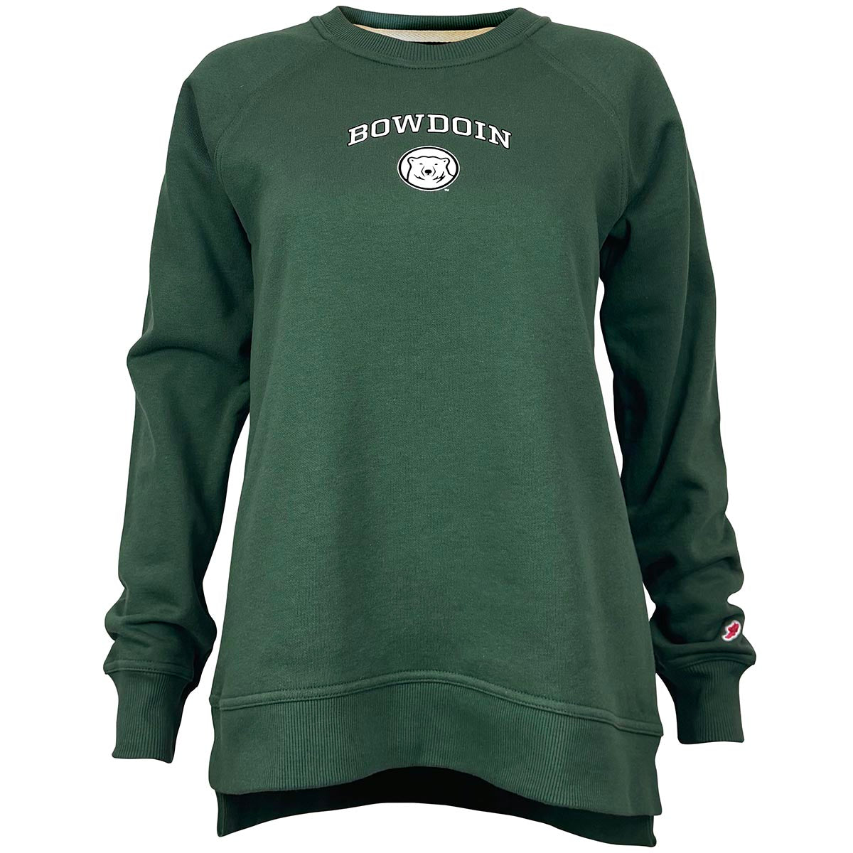 Green sweatshirt with 'Bowdoin' text and logo on a white background